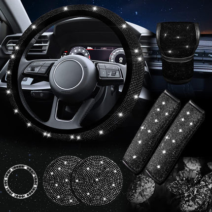 Black 7-Piece Car Interior Decoration Set – Crystal Rhinestone Steering Wheel Cover, Gear Shift Cover, Seat Belt Pads, Cup Coasters & Ignition Switch Cover.