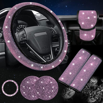 Pink 7-Piece Car Interior Decoration Set – Crystal Rhinestone Steering Wheel Cover, Gear Shift Cover, Seat Belt Pads, Cup Coasters & Ignition Switch Cover.