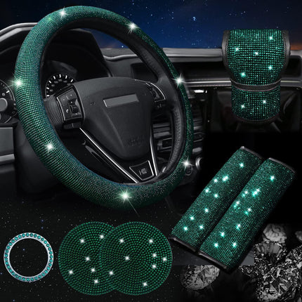 Green 7-Piece Car Interior Decoration Set – Crystal Rhinestone Steering Wheel Cover, Gear Shift Cover, Seat Belt Pads, Cup Coasters & Ignition Switch Cover.