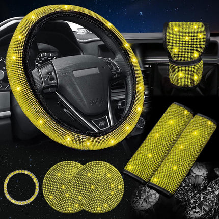 Yellow 7-Piece Car Interior Decoration Set – Crystal Rhinestone Steering Wheel Cover, Gear Shift Cover, Seat Belt Pads, Cup Coasters & Ignition Switch Cover.
