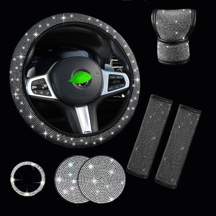White 7-Piece Car Interior Decoration Set – Crystal Rhinestone Steering Wheel Cover, Gear Shift Cover, Seat Belt Pads, Cup Coasters & Ignition Switch Cover.