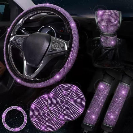 Deep purple 7-Piece Car Interior Decoration Set – Crystal Rhinestone Steering Wheel Cover, Gear Shift Cover, Seat Belt Pads, Cup Coasters & Ignition Switch Cover.
