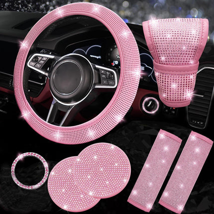 All pink 7-Piece Car Interior Decoration Set – Crystal Rhinestone Steering Wheel Cover, Gear Shift Cover, Seat Belt Pads, Cup Coasters & Ignition Switch Cover.