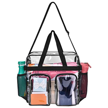 Black Clear Multi-Pocket Tote Bag – Waterproof & Organized Carryall with Front Zipper Pockets and Adjustable Strap.