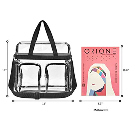 Black Clear Multi-Pocket Tote Bag – Waterproof & Organized Carryall with Front Zipper Pockets and Adjustable Strap.