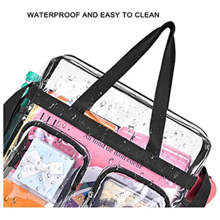 Black Clear Multi-Pocket Tote Bag – Waterproof & Organized Carryall with Front Zipper Pockets and Adjustable Strap.
