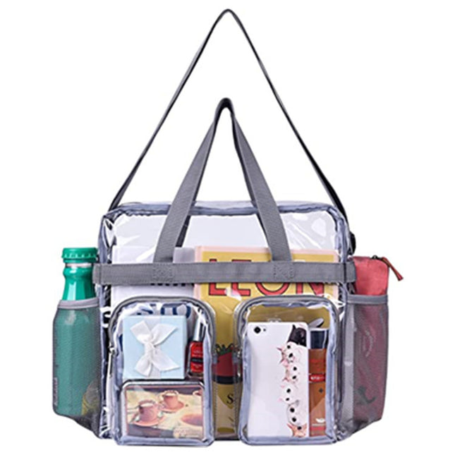 Grey Clear Multi-Pocket Tote Bag – Waterproof & Organized Carryall with Front Zipper Pockets and Adjustable Strap.