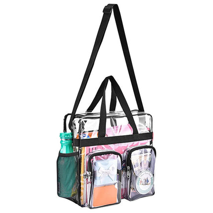 Grey Clear Multi-Pocket Tote Bag – Waterproof & Organized Carryall with Front Zipper Pockets and Adjustable Strap.