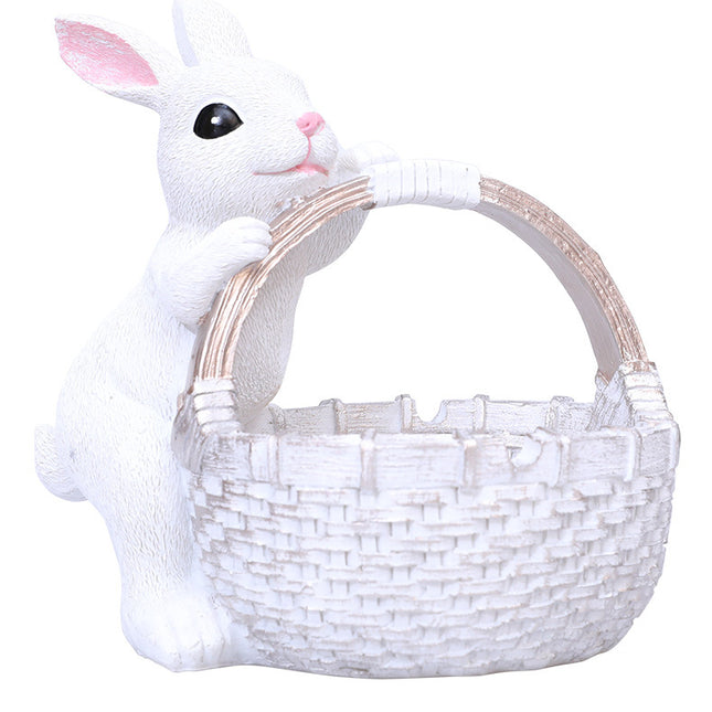 White Easter Rabbit Resin Decor with Basket – Festive Home Ornament for Spring and Holiday Display.