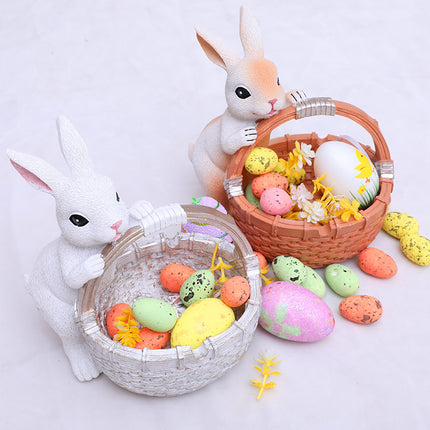 White Easter Rabbit Resin Decor with Basket – Festive Home Ornament for Spring and Holiday Display.