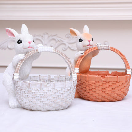 White Easter Rabbit Resin Decor with Basket – Festive Home Ornament for Spring and Holiday Display.