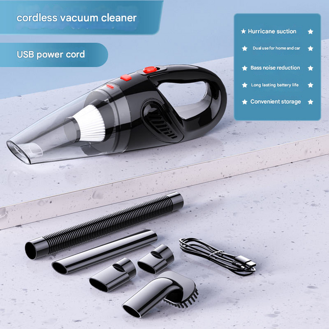 Black Portable Cordless Vacuum Cleaner – High-Power Lithium Battery with Strong Suction for Car and Home Use.
