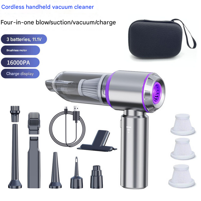 Silvery-purple Wireless Handheld Vacuum Cleaner with Blow, Suck, Inflate, and Pump Functions – Brushless Motor, Type-C Charging, 6000mAh Battery.