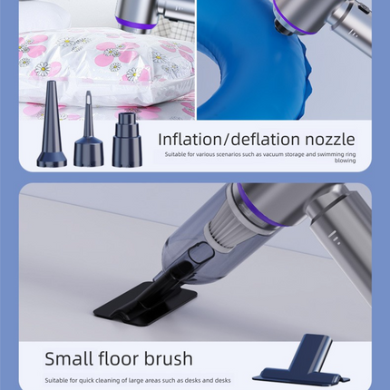 Silvery-purple Wireless Handheld Vacuum Cleaner with Blow, Suck, Inflate, and Pump Functions – Brushless Motor, Type-C Charging, 6000mAh Battery.