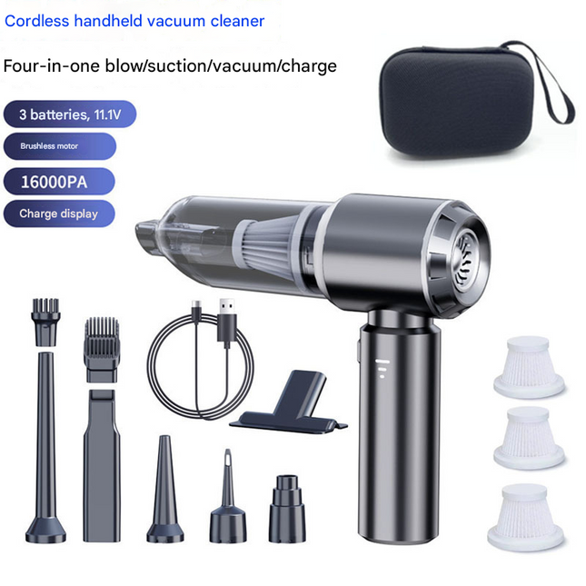 Gun Black Wireless Handheld Vacuum Cleaner with Blow, Suck, Inflate, and Pump Functions – Brushless Motor, Type-C Charging, 6000mAh Battery.