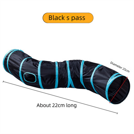 Black S-Pass Cat Tunnel Play Set with Collapsible Design, Interactive Ball & Durable Fabric – Ideal for Indoor Cats to Exercise and Explore.