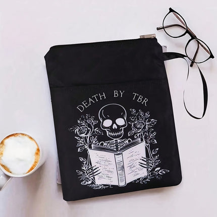 Black skull Zippered Book Sleeve with Printed Design – Waterproof Protective Cover for Books, Ideal for Readers and Students with Extra Pocket & Carry Strap.