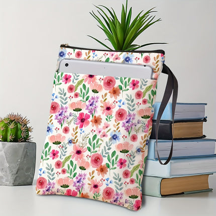 Pink flowers Zippered Book Sleeve with Printed Design – Waterproof Protective Cover for Books, Ideal for Readers and Students with Extra Pocket & Carry Strap.