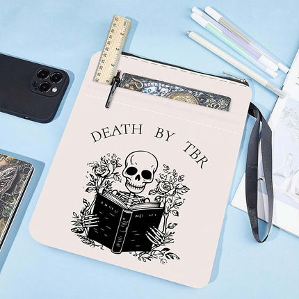 White Skeleton Zippered Book Sleeve with Printed Design – Waterproof Protective Cover for Books, Ideal for Readers and Students with Extra Pocket & Carry Strap.