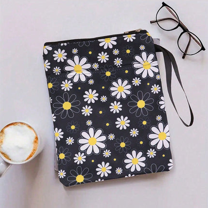 Daisy Zippered Book Sleeve with Printed Design – Waterproof Protective Cover for Books, Ideal for Readers and Students with Extra Pocket & Carry Strap.