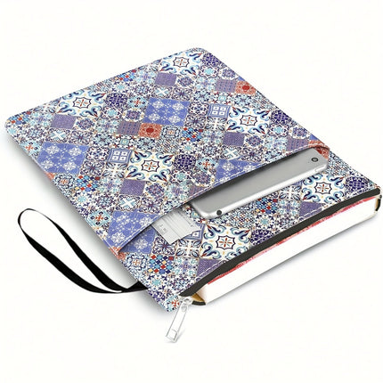 Bohemian check Zippered Book Sleeve with Printed Design – Waterproof Protective Cover for Books, Ideal for Readers and Students with Extra Pocket & Carry Strap.