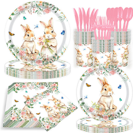 Easter Bunny Party Tableware Set – 7" & 9" Plates, Cups, Napkins, Pink Cutlery, Spring Floral Rabbit Design for 20 Guests.