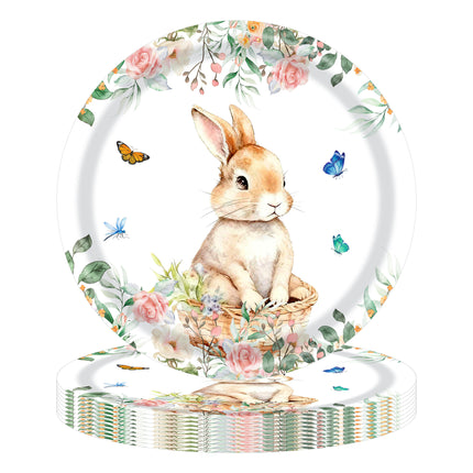 Easter Bunny Party Tableware Set – 7" & 9" Plates, Cups, Napkins, Pink Cutlery, Spring Floral Rabbit Design for 20 Guests.
