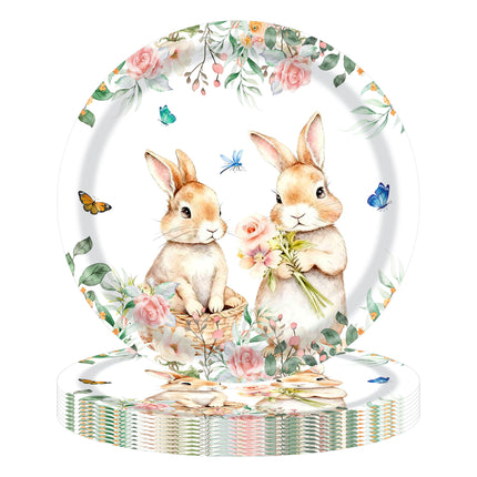 Easter Bunny Party Tableware Set – 7" & 9" Plates, Cups, Napkins, Pink Cutlery, Spring Floral Rabbit Design for 20 Guests.