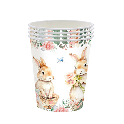 Easter Bunny Party Tableware Set – 7" & 9" Plates, Cups, Napkins, Pink Cutlery, Spring Floral Rabbit Design for 20 Guests.