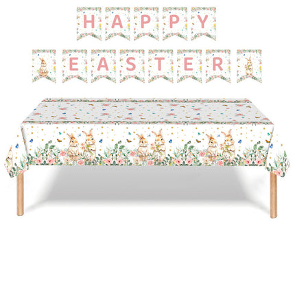 Easter Party Decoration Set – Floral Bunny Tablecloth 137x274cm + Happy Easter Banner, Spring-Themed Decor for Festive Gatherings.