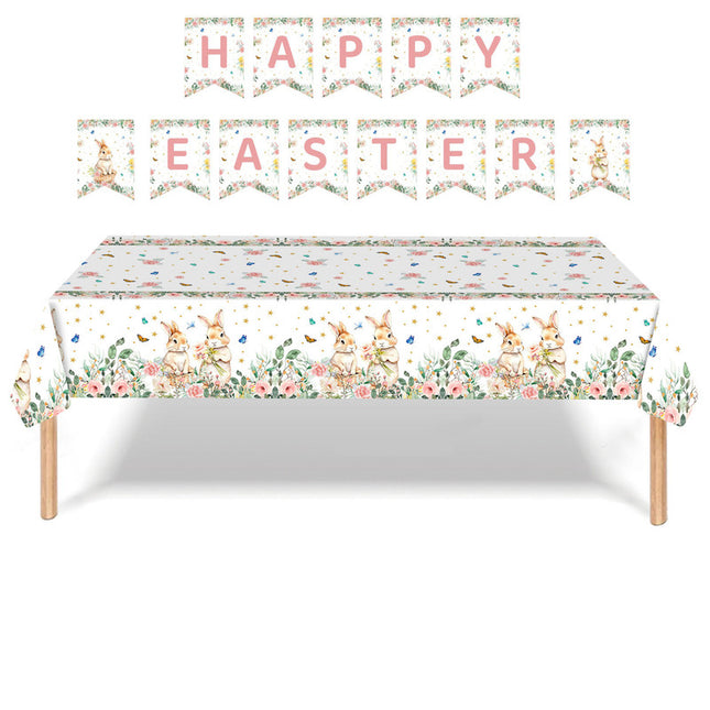 Easter Party Decoration Set – Floral Bunny Tablecloth 137x274cm + Happy Easter Banner, Spring-Themed Decor for Festive Gatherings.