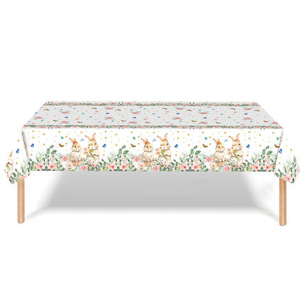 Easter Party Decoration Set – Floral Bunny Tablecloth 137x274cm + Happy Easter Banner, Spring-Themed Decor for Festive Gatherings.