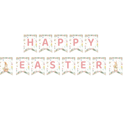 Easter Party Decoration Set – Floral Bunny Tablecloth 137x274cm + Happy Easter Banner, Spring-Themed Decor for Festive Gatherings.