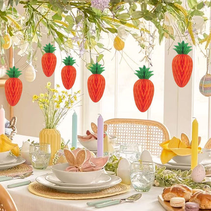 Easter Carrot Honeycomb Decorations – 10-Piece Set of 15cm Paper Carrots, Hanging Ornaments for Party and Home Decoration.