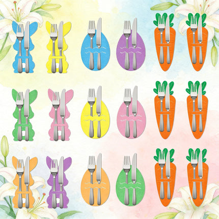 Rabbit 18-Piece Easter Cutlery Holders Set – 3 Identical Sets of 6, Festive Tableware Decor for Holiday Dining and Party Use.