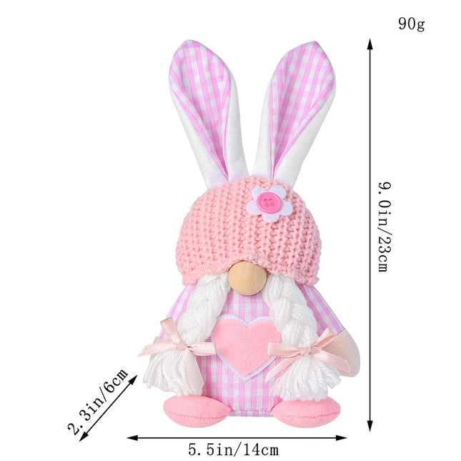 Pink Easter Plush Bunny Gnome Figurine – Decorative Doll with Long Hair and Checkered Ears for Home Display.