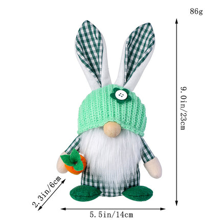 Green Easter Plush Bunny Gnome Figurine – Decorative Doll with Long Hair and Checkered Ears for Home Display.