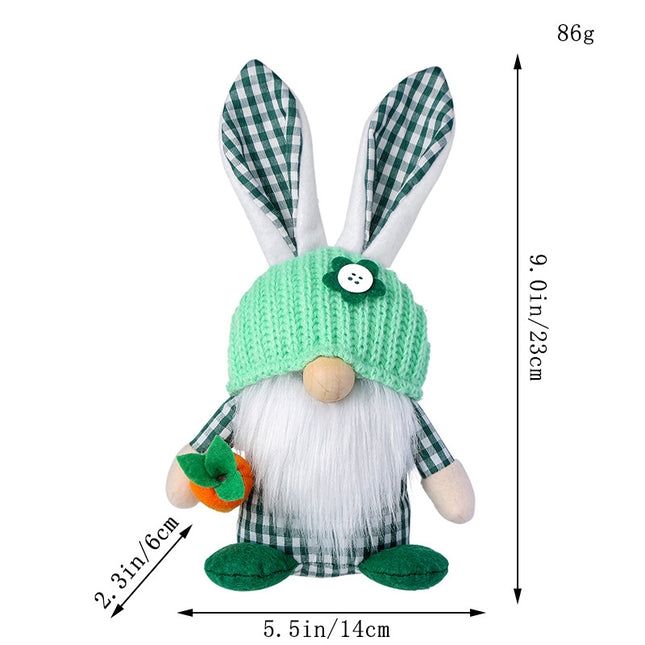 Green Easter Plush Bunny Gnome Figurine – Decorative Doll with Long Hair and Checkered Ears for Home Display.