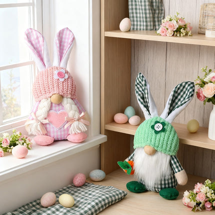 Green Easter Plush Bunny Gnome Figurine – Decorative Doll with Long Hair and Checkered Ears for Home Display.