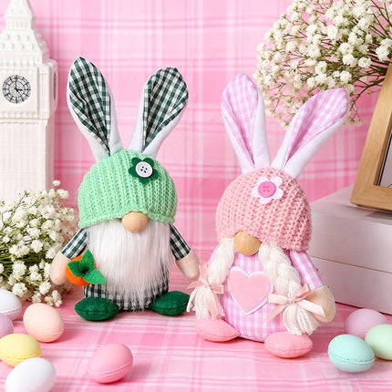 Green Easter Plush Bunny Gnome Figurine – Decorative Doll with Long Hair and Checkered Ears for Home Display.