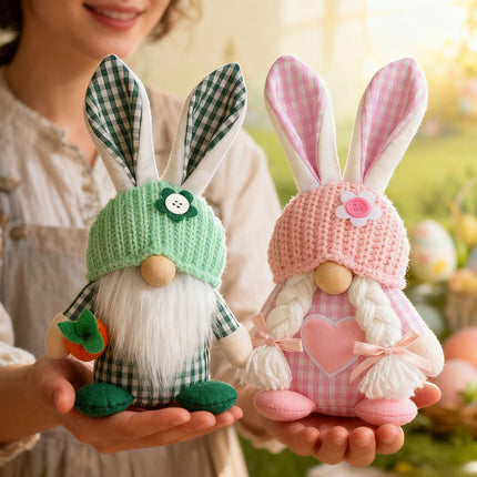 Green Easter Plush Bunny Gnome Figurine – Decorative Doll with Long Hair and Checkered Ears for Home Display.