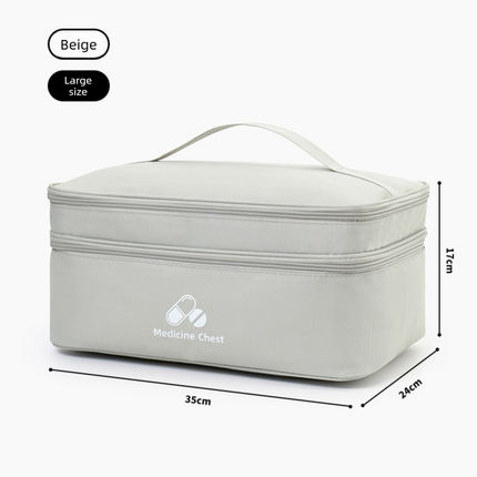 Beige Large First Aid Organizer –35×24×17cm Double-Layer Medicine Storage Case for Family & Travel Use.