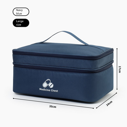 Dark blue Large First Aid Organizer –35×24×17cm Double-Layer Medicine Storage Case for Family & Travel Use.