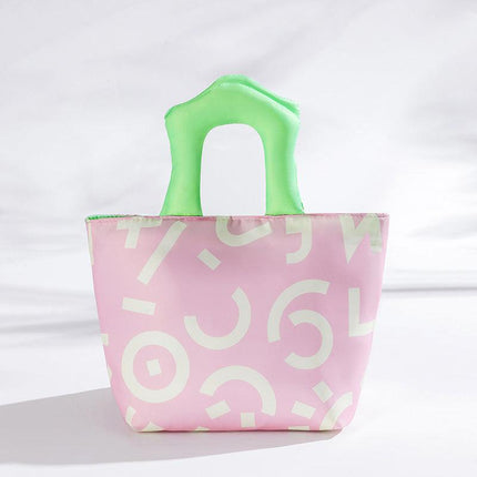 Pink Insulated Lunch Bag – Multi-Color Printed Tote with Padded Handle for Students & Office Workers.