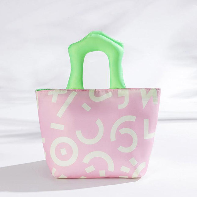 Pink Insulated Lunch Bag – Multi-Color Printed Tote with Padded Handle for Students & Office Workers.