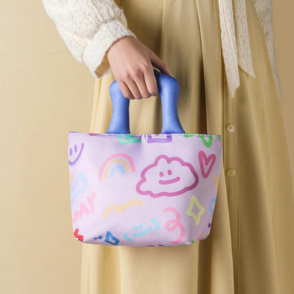 Pink Insulated Lunch Bag – Multi-Color Printed Tote with Padded Handle for Students & Office Workers.