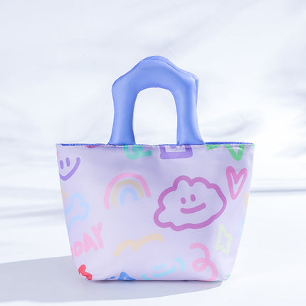 Purple Insulated Lunch Bag – Multi-Color Printed Tote with Padded Handle for Students & Office Workers.
