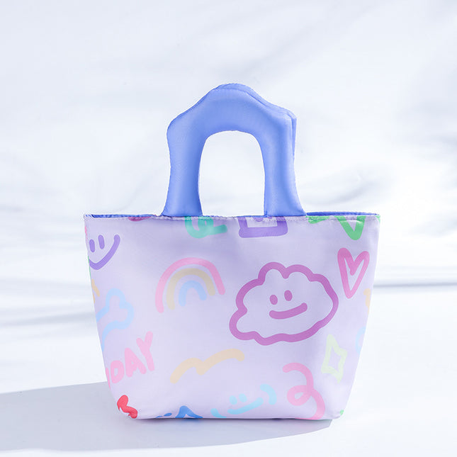 Purple Insulated Lunch Bag – Multi-Color Printed Tote with Padded Handle for Students & Office Workers.