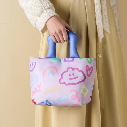 Purple Insulated Lunch Bag – Multi-Color Printed Tote with Padded Handle for Students & Office Workers.