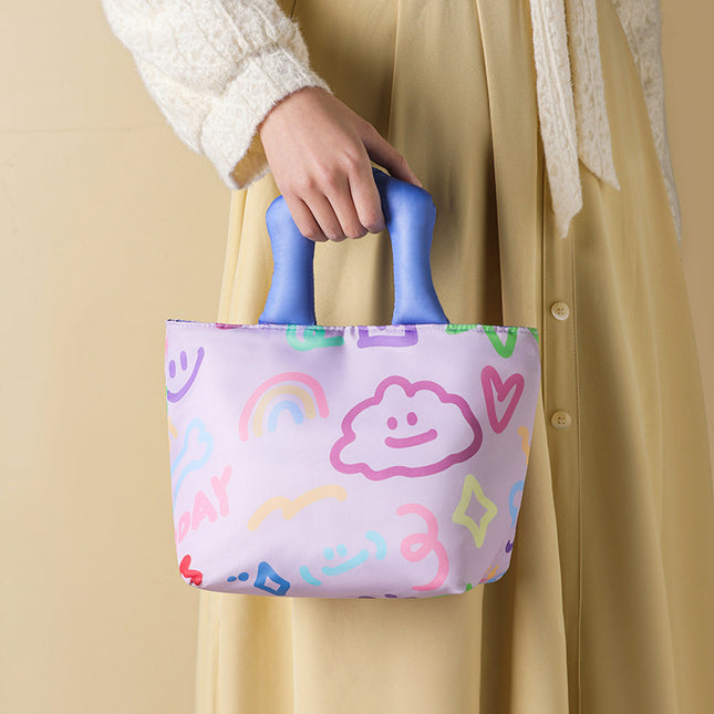Purple Insulated Lunch Bag – Multi-Color Printed Tote with Padded Handle for Students & Office Workers.